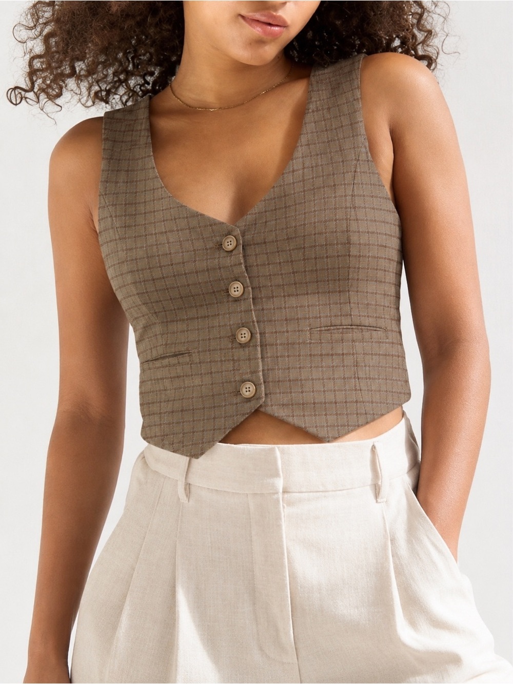 Aritzia - Wilfred Free - Desire Plaid Vest - Size 12 - Tan/Brown - Button Front